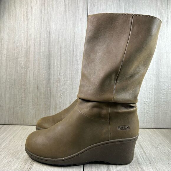 Keen Akita Brown Leather Slouch Wedge Heeled Tall Calf Boot Women’s Size 8.5 - Picture 3 of 10